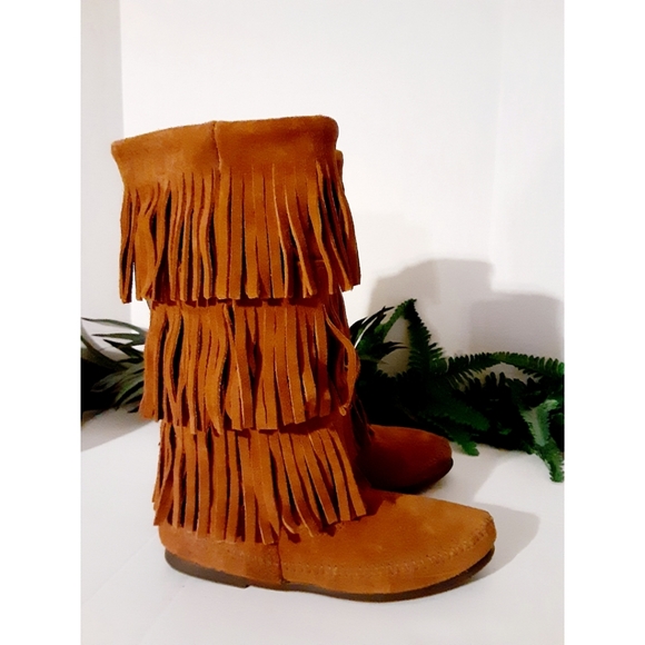 Minnetonka Three Layer Fringe Boots in Brown - Picture 9 of 16